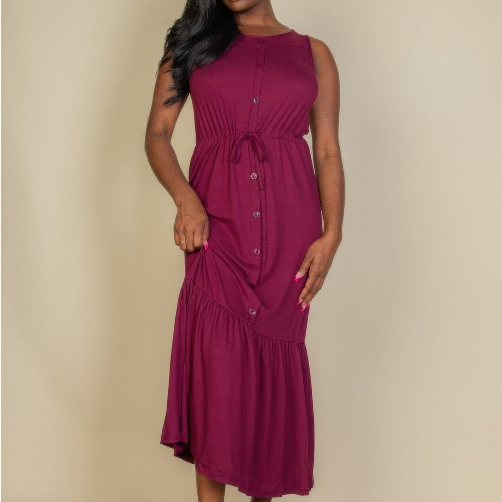 Button Front Tie Waist Maxi Dress